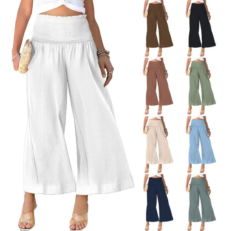 Women's cotton linen blend trousers with high waist pleating and cropped straight-leg design