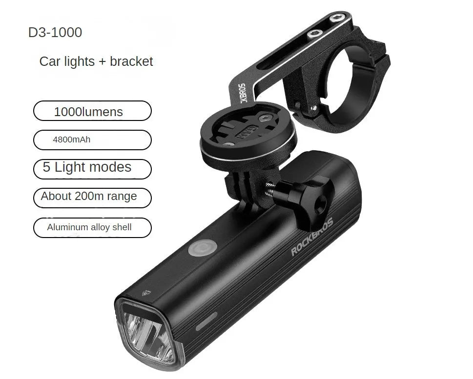 ROCKBROS black aluminium alloy bicycle headlight with 400 lumens USB rechargeable, 103x23x30mm