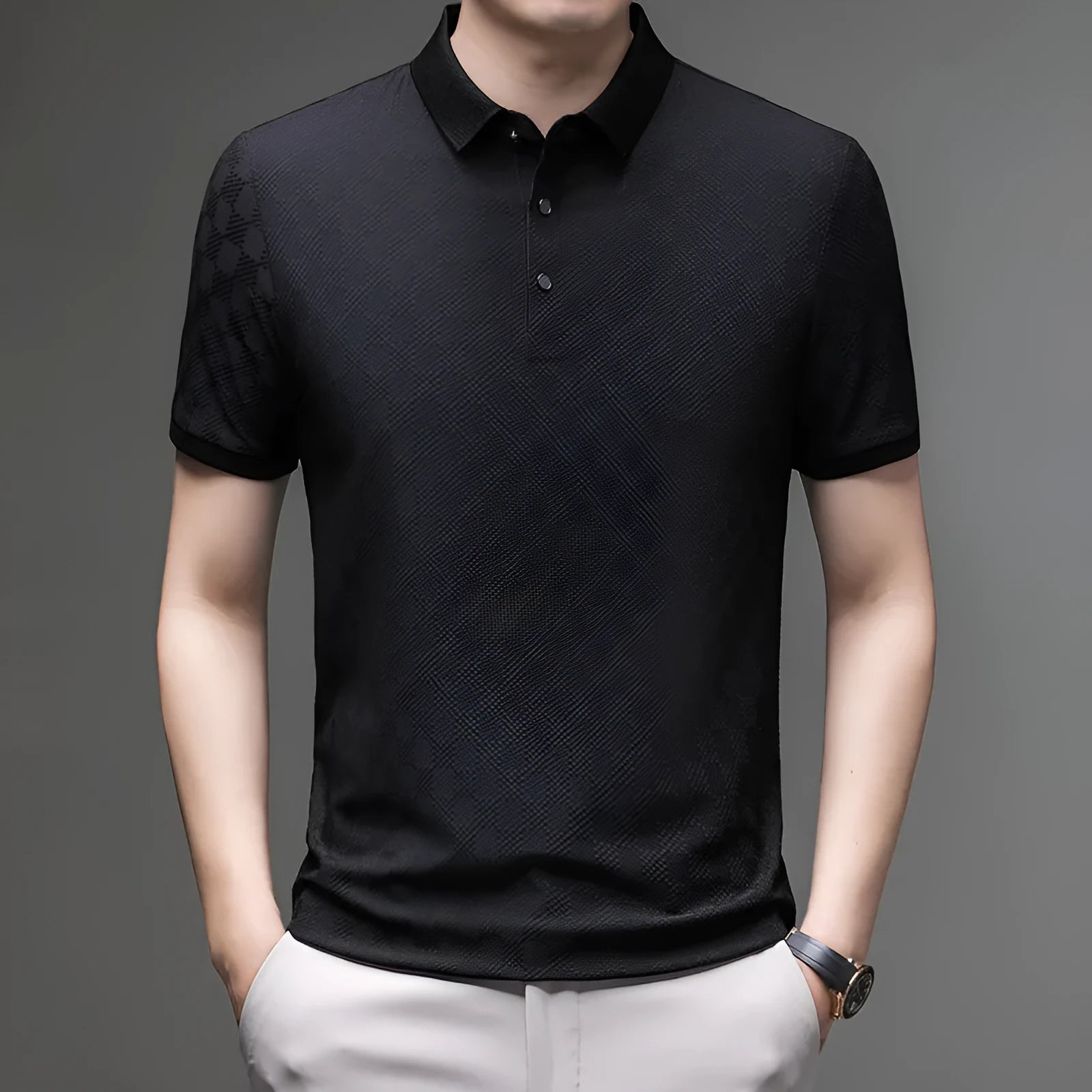 Rhombus brand thin ice silk short sleeve t-shirt in slit style, shown in black