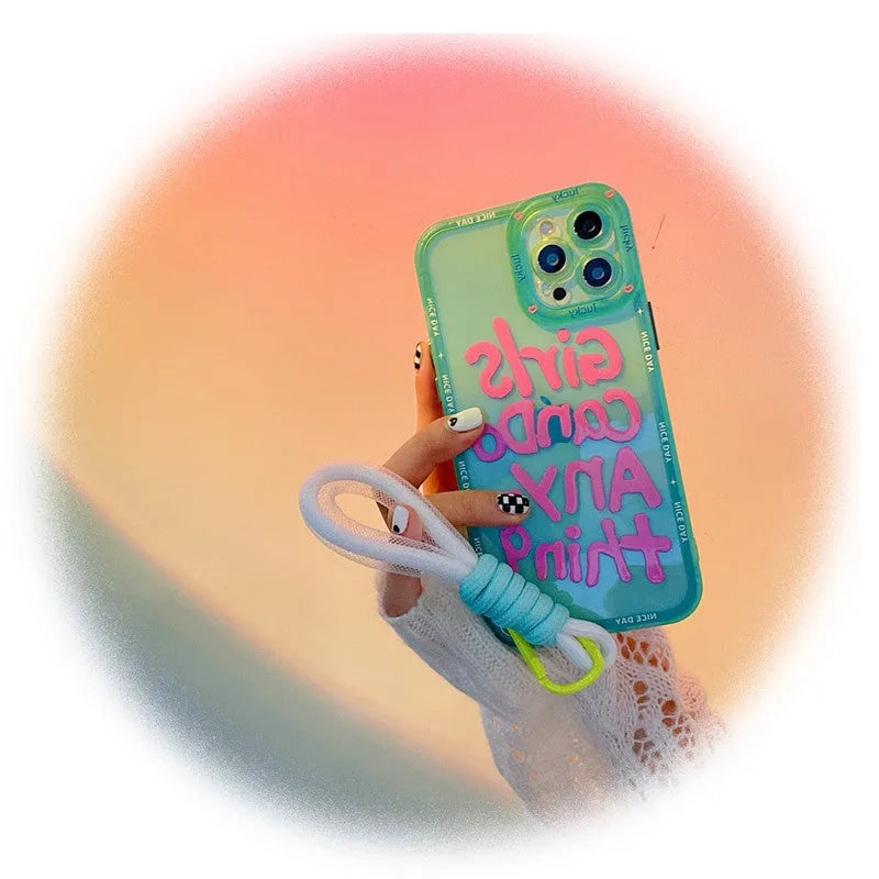 Graffiti artwork phone case for iPhone with lanyard attachment in mint green colour