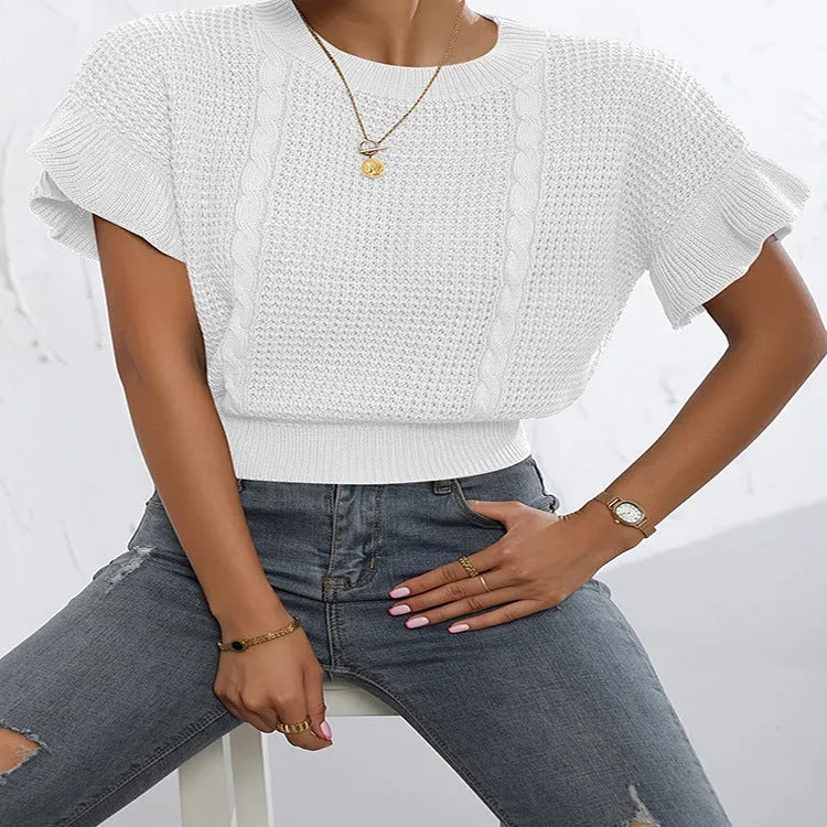 Women's twisted string design knitted pullover with ruffled short sleeves in loose Japanese Korean casual style