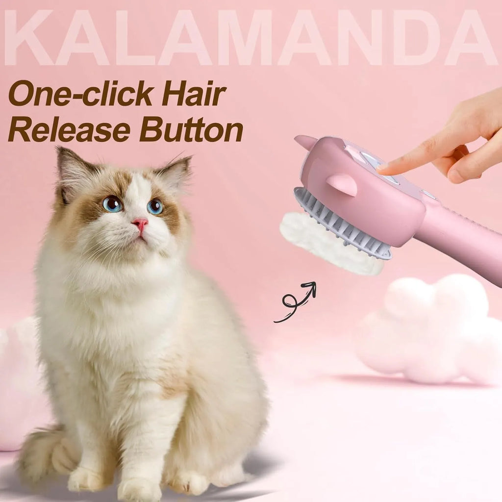 Blue 4-in-1 cat steam brush with ergonomic handle and release button for pet grooming