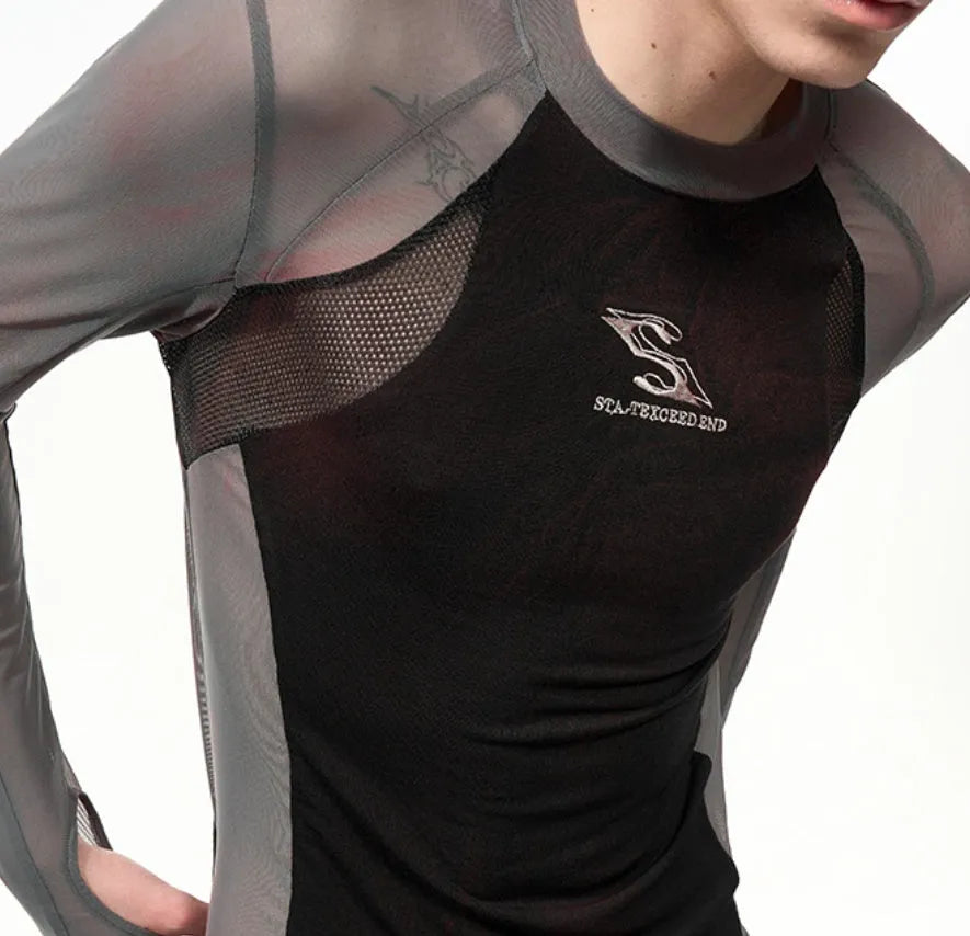 Tight mesh stitching long sleeve top with round neck in picture colour, available in sizes M to XXL
