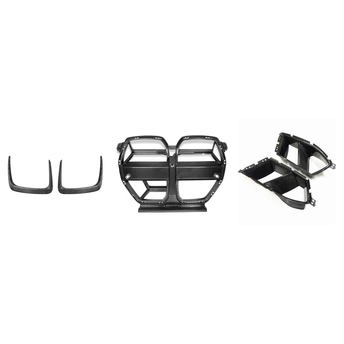 Dry carbon fibre front bumper grille for BMW M3 M4 G80 G82 models in black 3K weave.