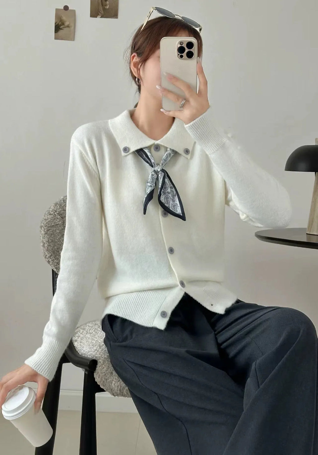 Lapel scarf cardigan sweater in acrylic, shown in milky white, grey, black, and navy blue colour options.