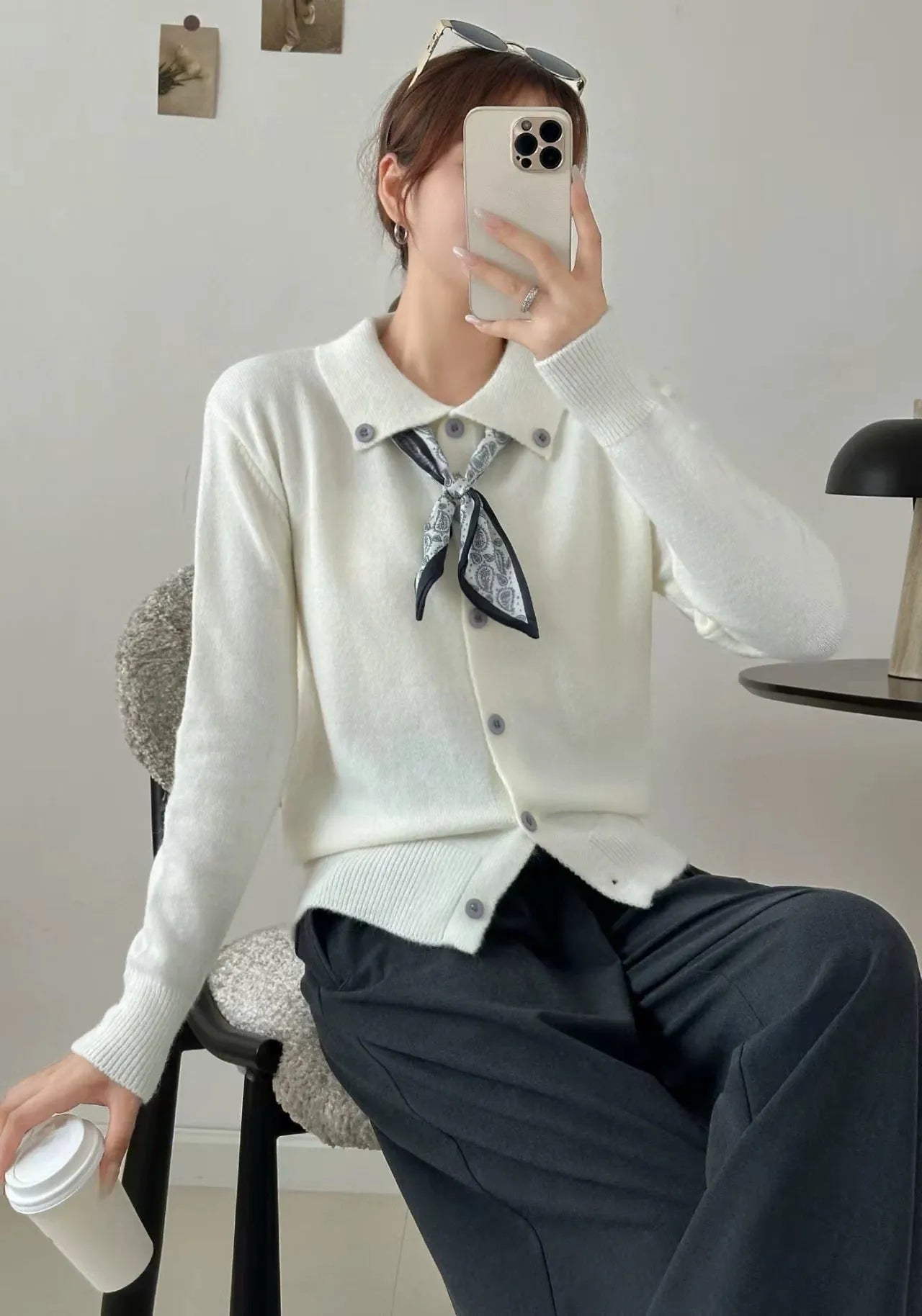 Lapel scarf cardigan sweater in acrylic, shown in milky white, grey, black, and navy blue colour options.