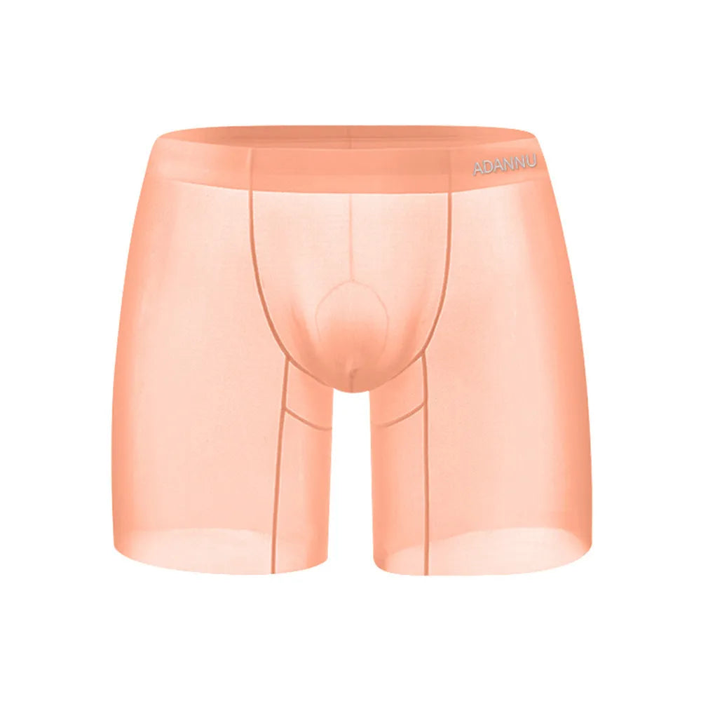 Seamless low-waist men's nylon boxers in orange, shown flat, highlighting the convex seam and sports design.