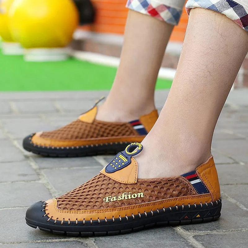 Men's brown casual breathable mesh shoes with round toe and rubber sole.