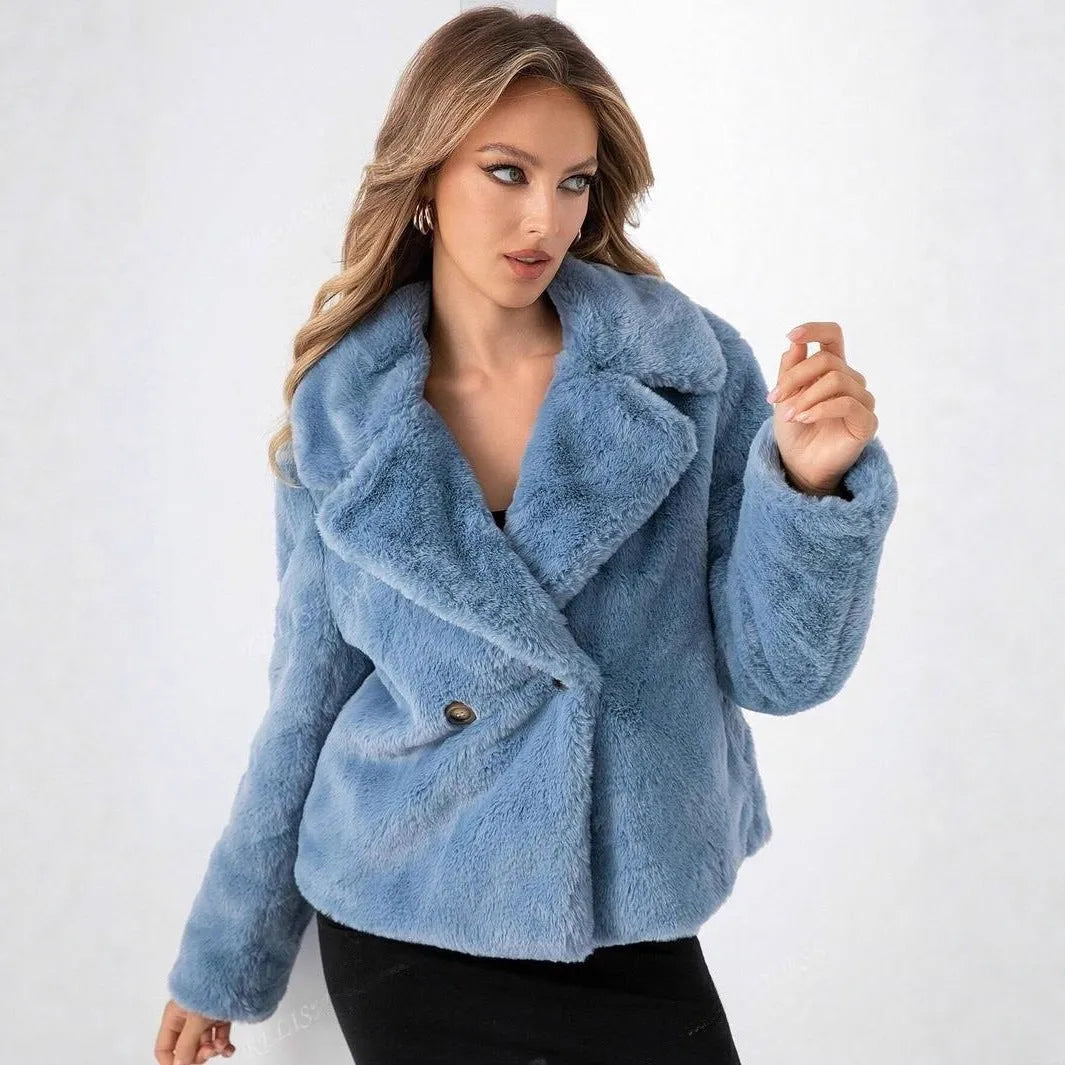 Women's loose short faux fur coat in rose red, shown with regular sleeves and a length of 50cm.