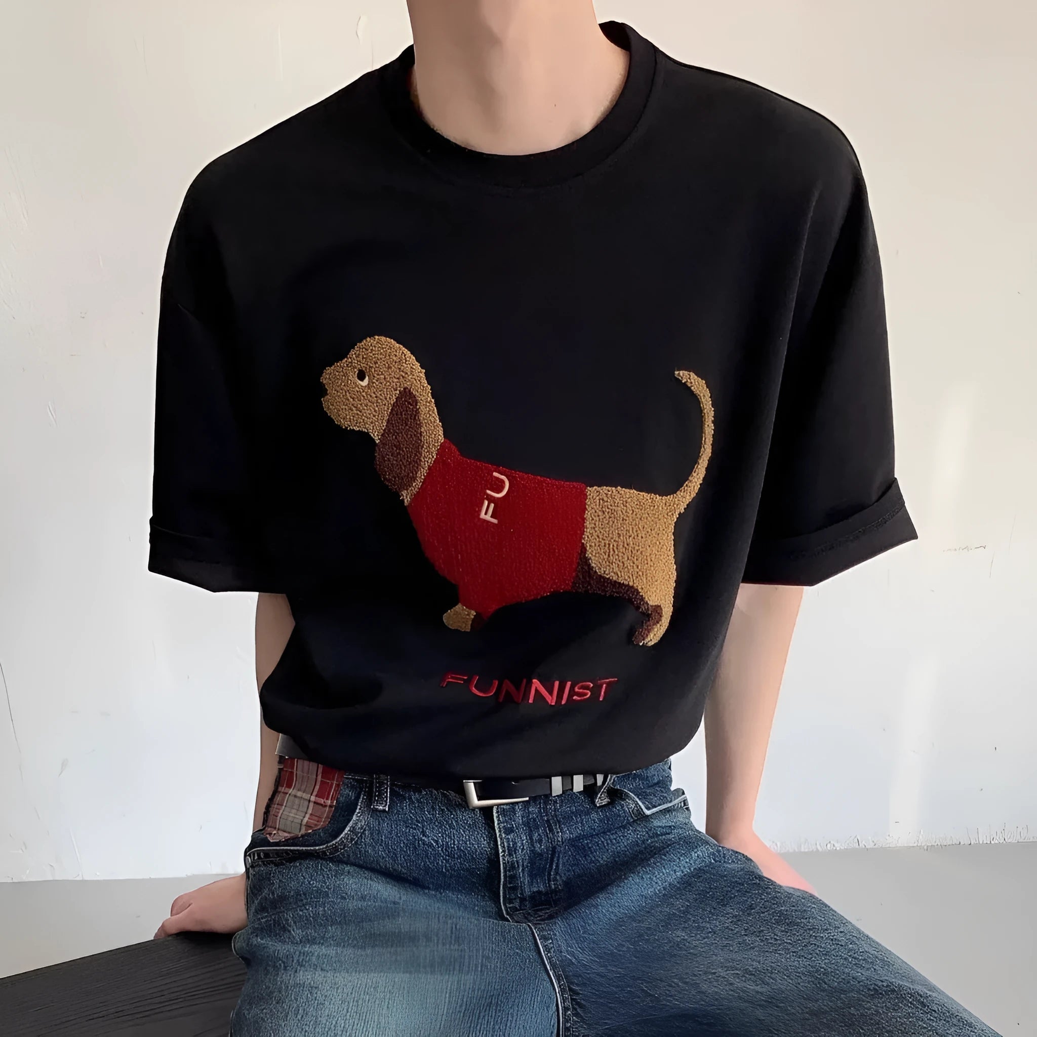 Men's grey cotton T-shirt with embroidered sausage dog design on front, short sleeves and round neck
