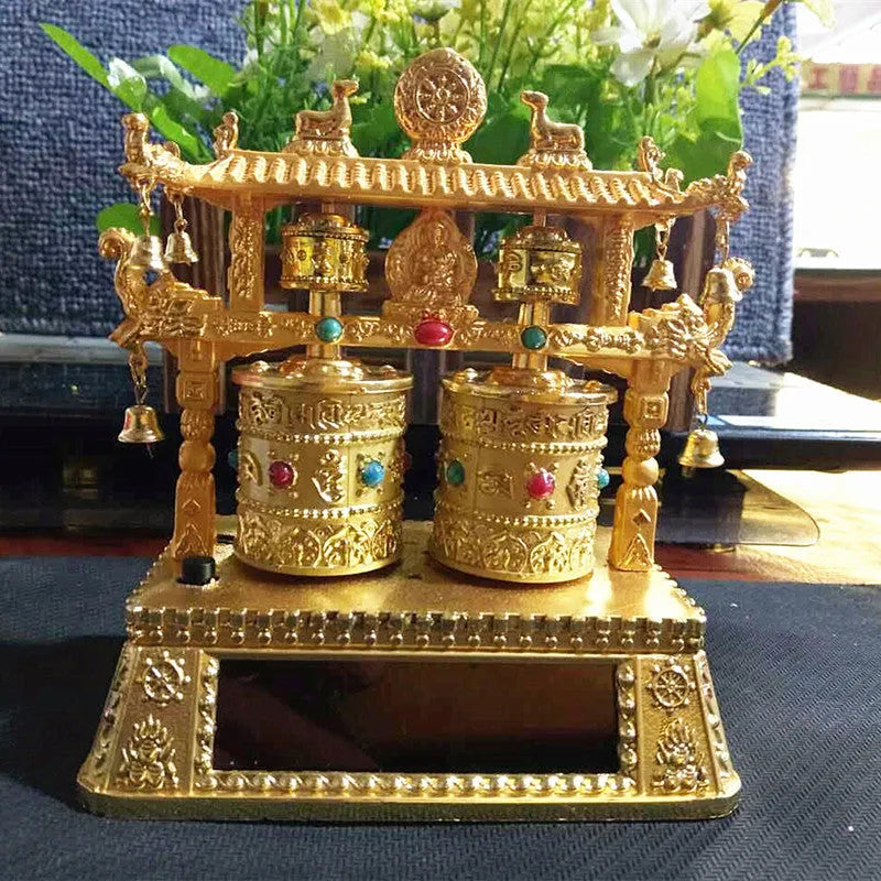 Silver alloy prayer wheel car decoration shaped like a licence plate with Chinese traditional style.