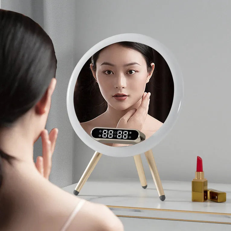 Multi-function LED mirror alarm clock with wireless charger and Bluetooth speaker in white or blue, 210 x 60 x 160mm