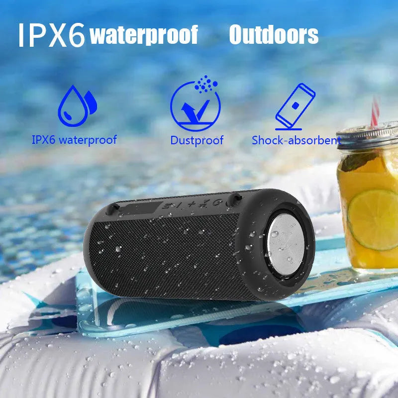 Black 20W portable Bluetooth speaker with 1800mAh battery, 205mm x 90mm plastic body, and button controls