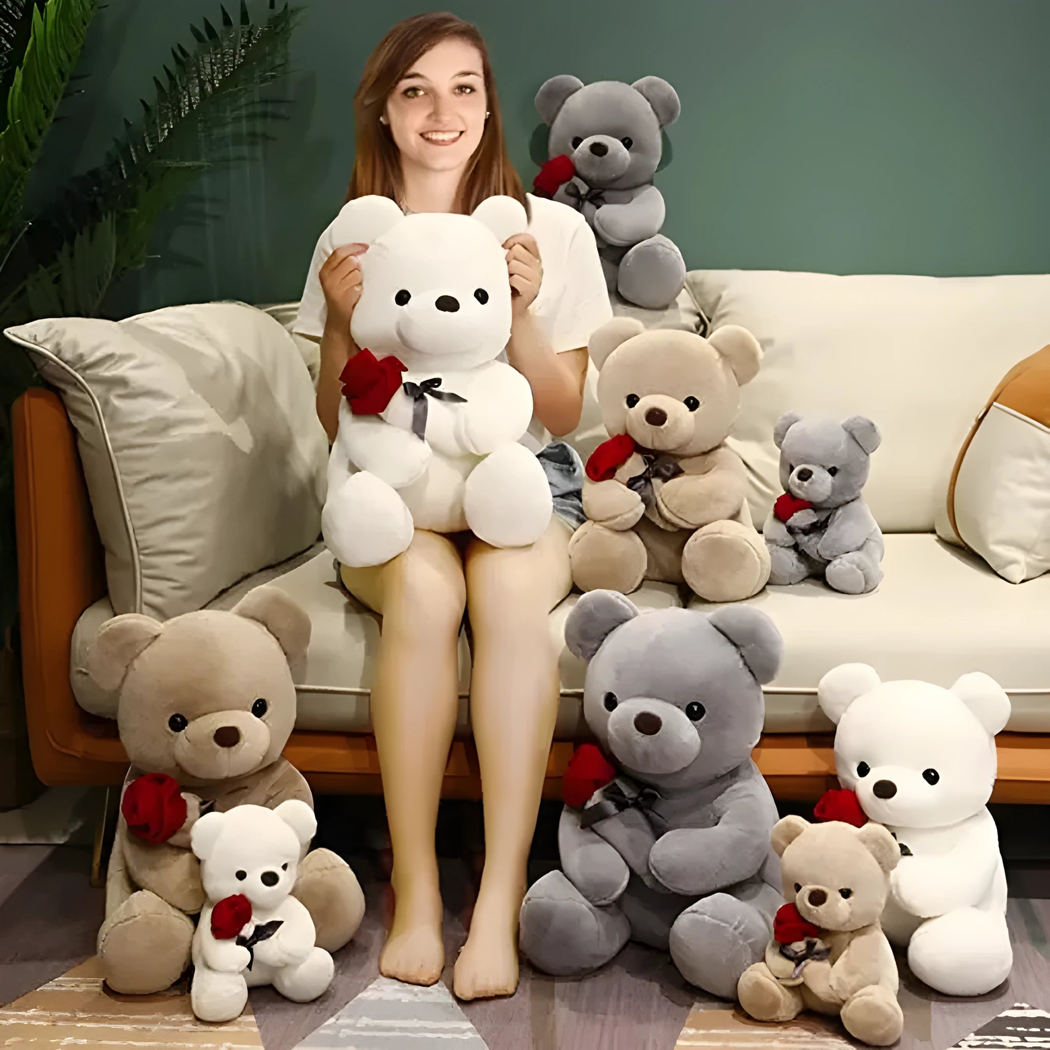 Rose bear plush doll in beige, brown, or grey colour with soft short plush fabric and cartoon design