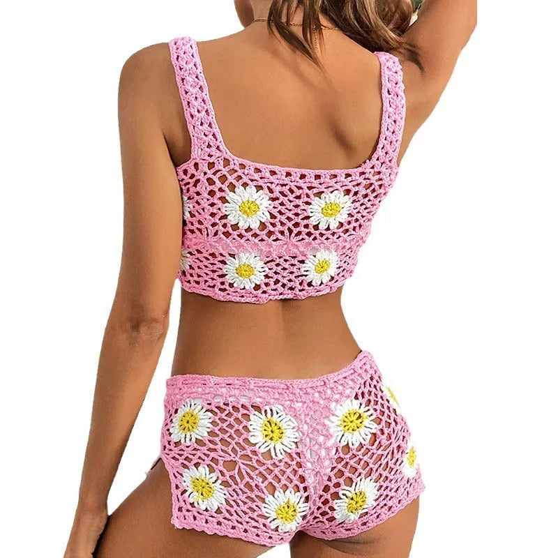 Floral pattern bikini swimsuit in light green or pink colours with acrylic hollow yarn fabric