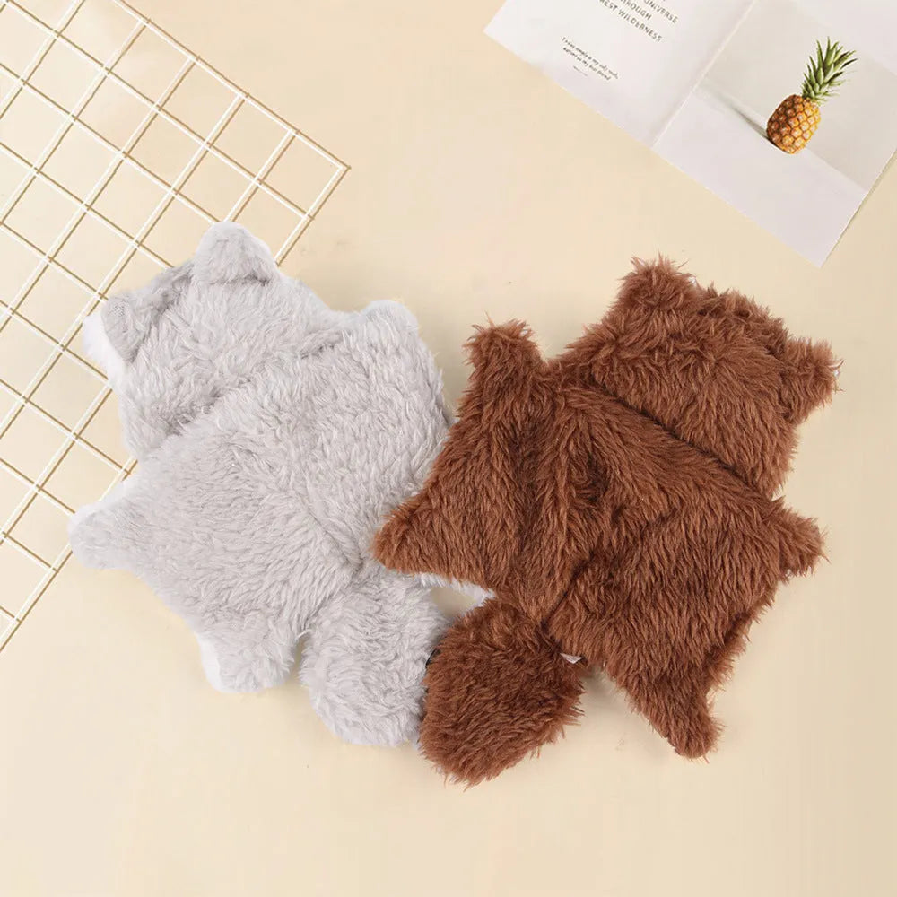 Plush flying squirrel cat teaser toy with ringing paper sound and plastic wand, in brown or gray.