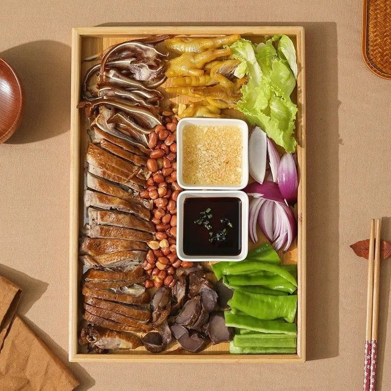 Square bamboo tray with brown wooden handle for restaurant and cafe service