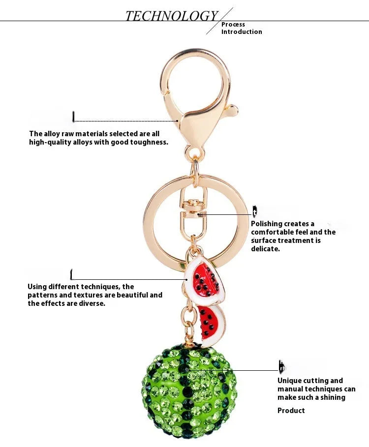 Green watermelon-shaped zinc alloy keychain measuring 12cm with fruit design details