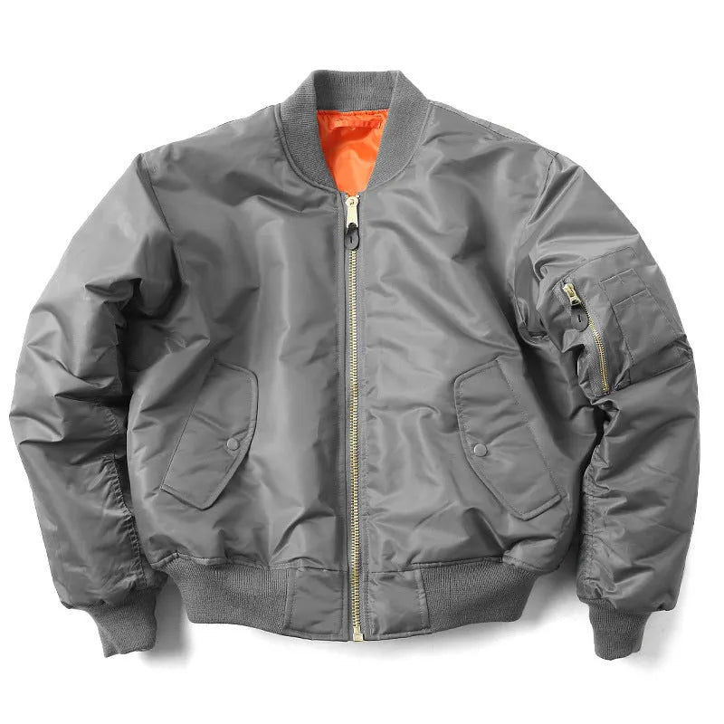 Men's army green cotton-padded pilot jacket with a loose fit and zipper front.