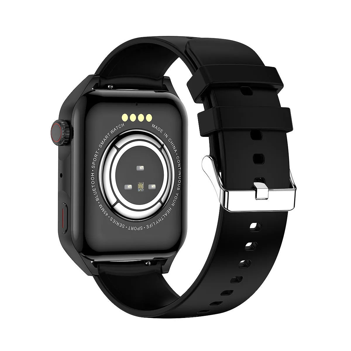 Pink AMOLED smart watch on wrist showing home screen, with silicone strap and physical side button.