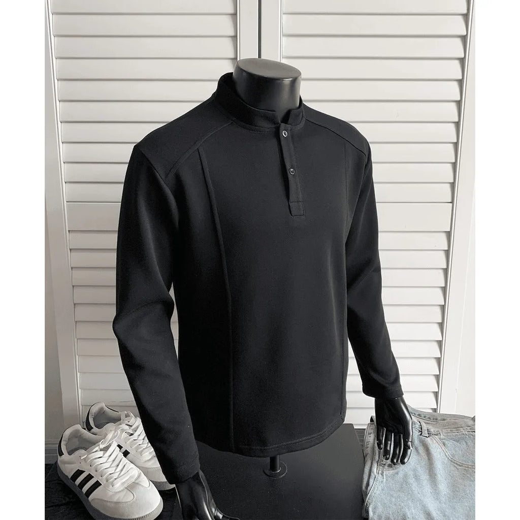 Men's long sleeve patchwork sweater with stand-up collar in heather gray Chinese cotton fabric