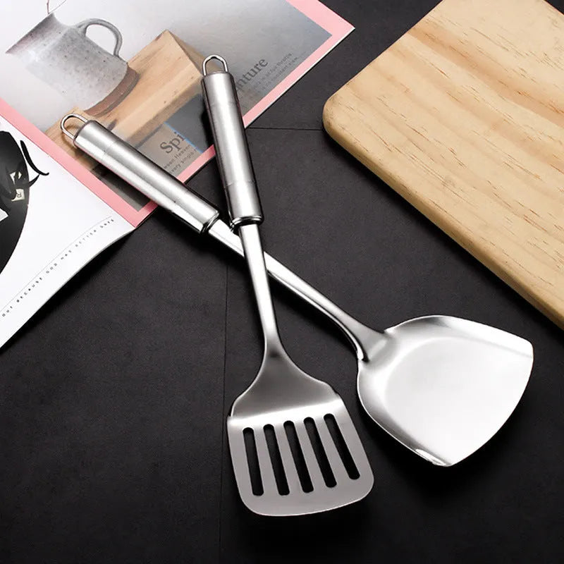 6 piece stainless steel kitchenware set with anti-scalding handles, including shovel, soup spoon, colander, frying shovel, rice spoon and vermicelli
