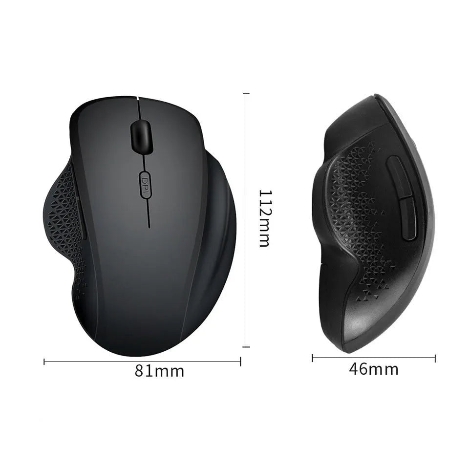 Compact black wireless recharging mouse for laptops with USB cable on a desk.