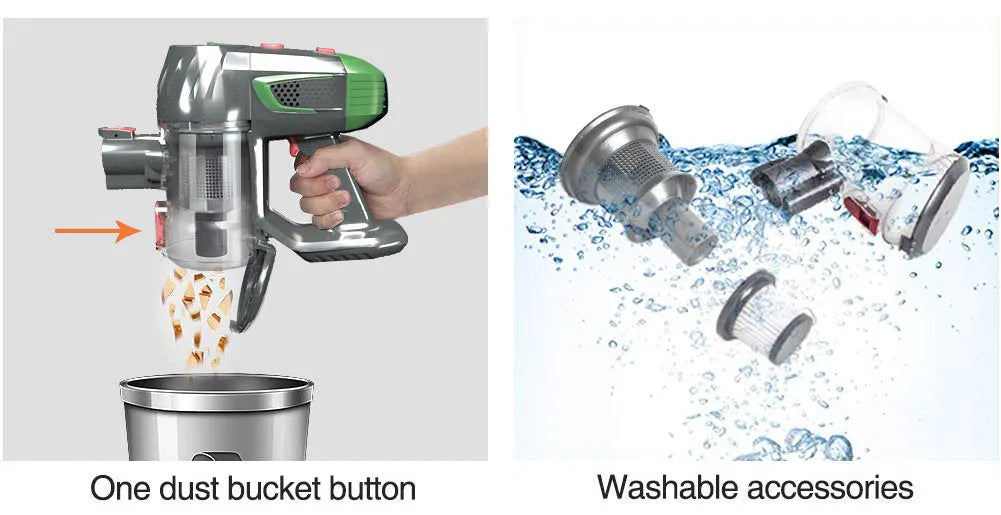 Green handheld wireless vacuum cleaner with foldable tube, LED light, 0.5L dust cup and HEPA filter for car and home
