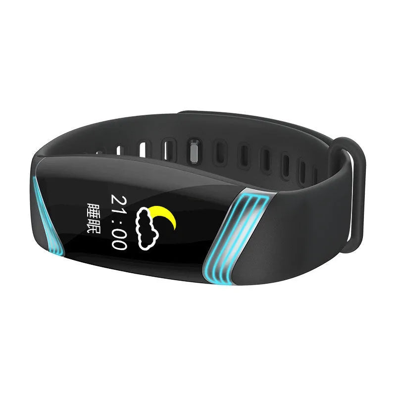 Smart sports bracelet with heart rate monitor and colourful atmosphere light in black gold colour