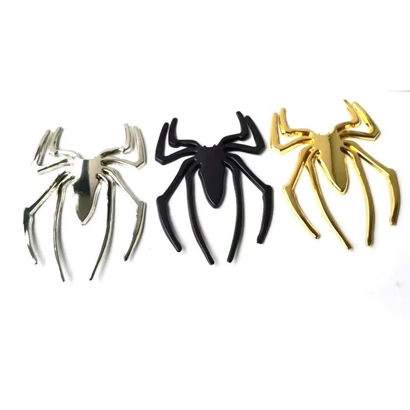 Three-dimensional zinc alloy spider car bumper sticker in gold, silver, black, or red, measuring 7cm by 5cm