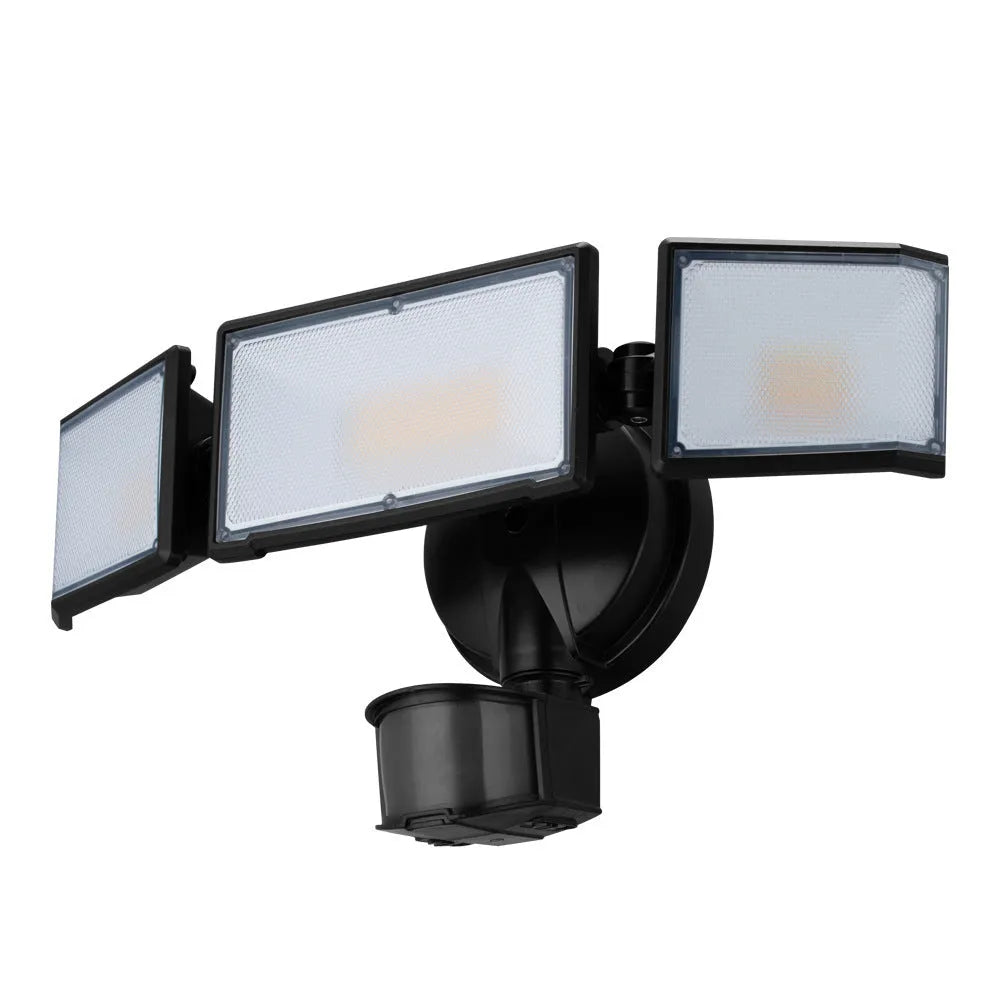 White or black LED security flood light with motion sensor for outdoor wall or ceiling mounting