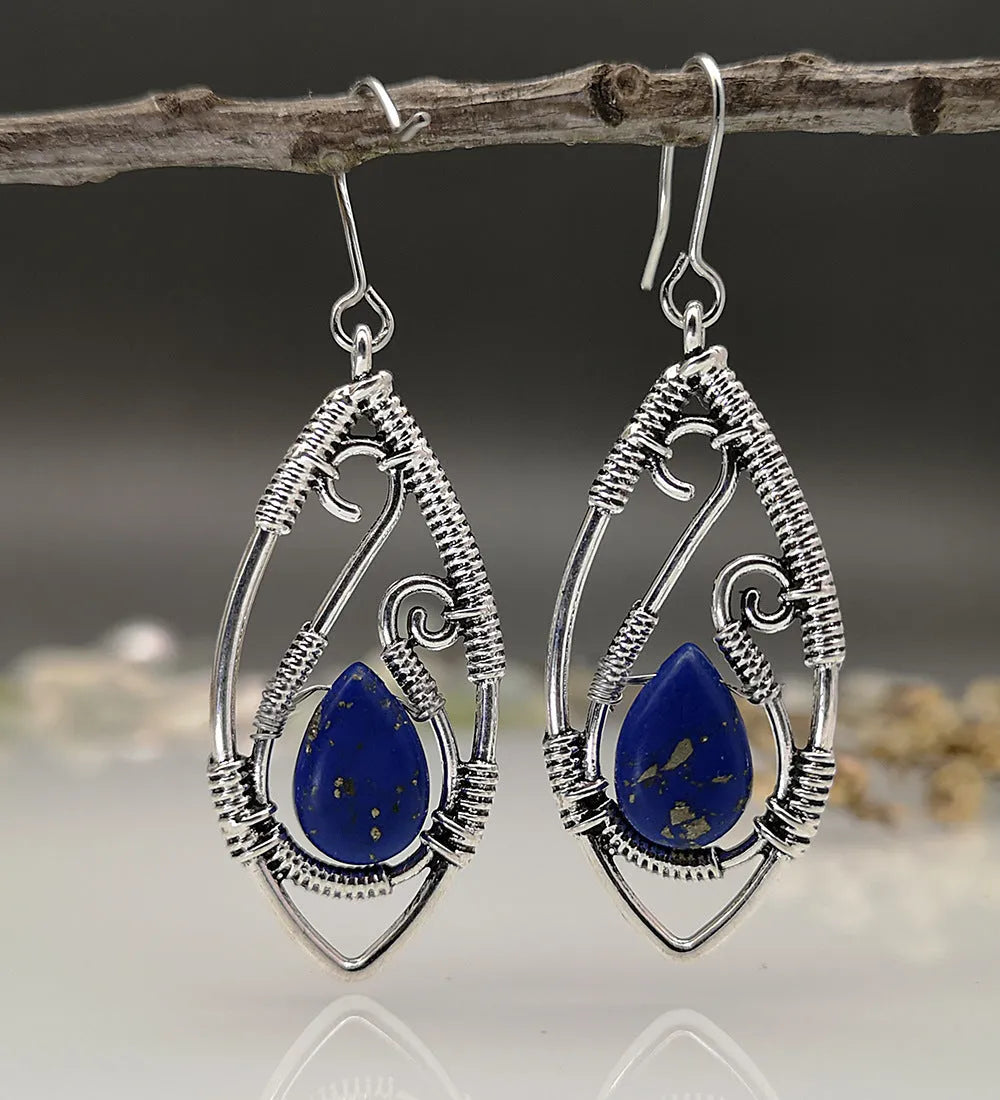 Retro geometric ellipse earrings in antique silver turquoise with lapis string winding, one pair