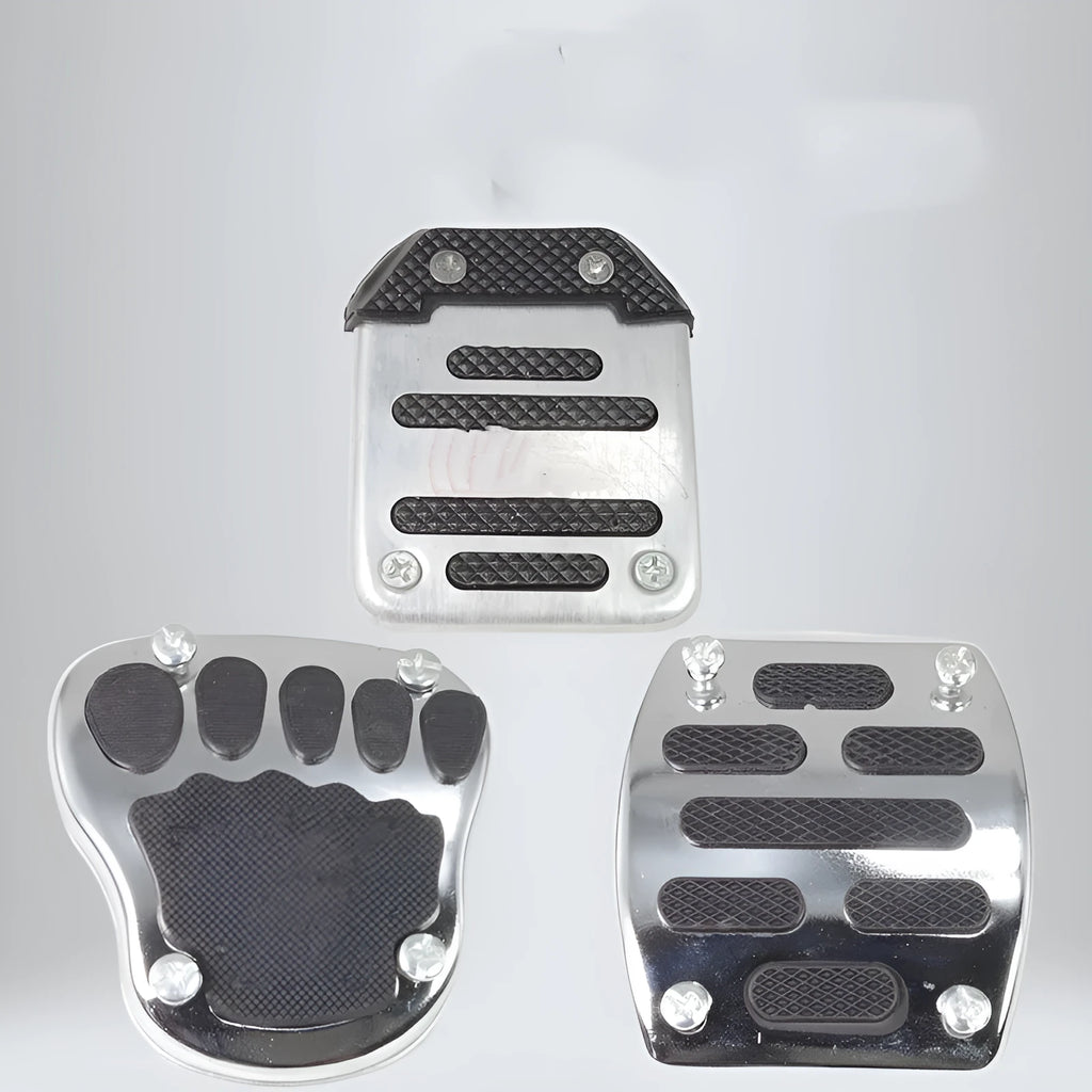 Metal motorcycle brake pedal skid plate showing three style options