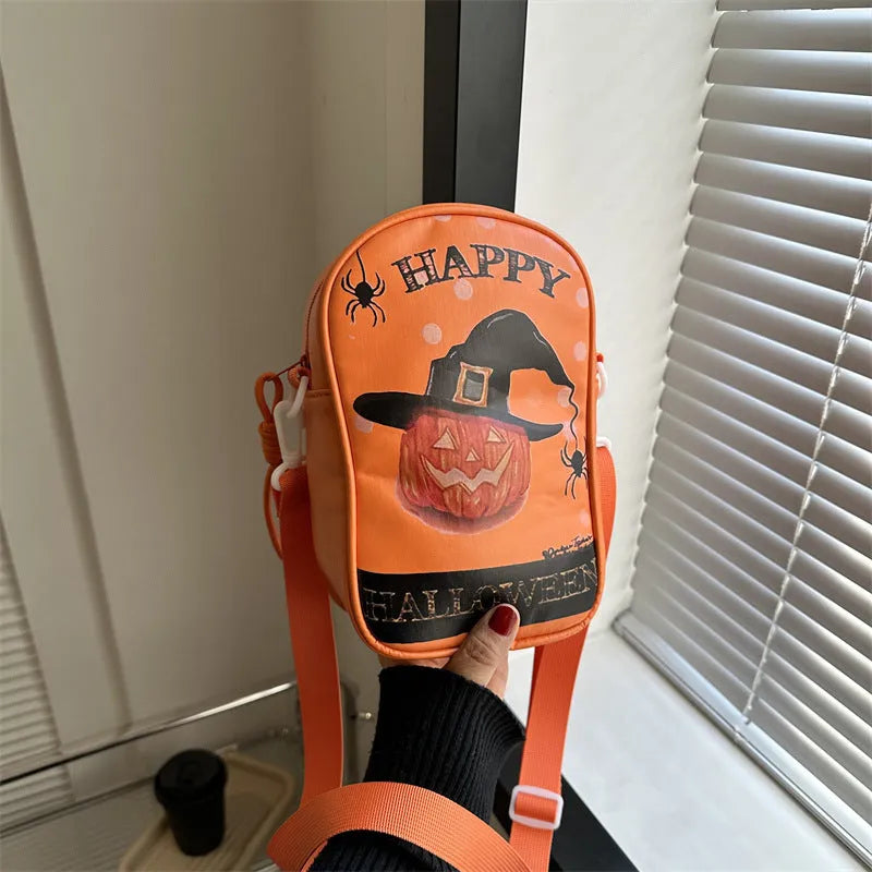 Halloween graffiti print crossbody bag with cartoon pumpkin, ghost and bat designs