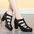 Women's beige closed toe sandals with a chunky heel, woven ankle strap, and back zipper.