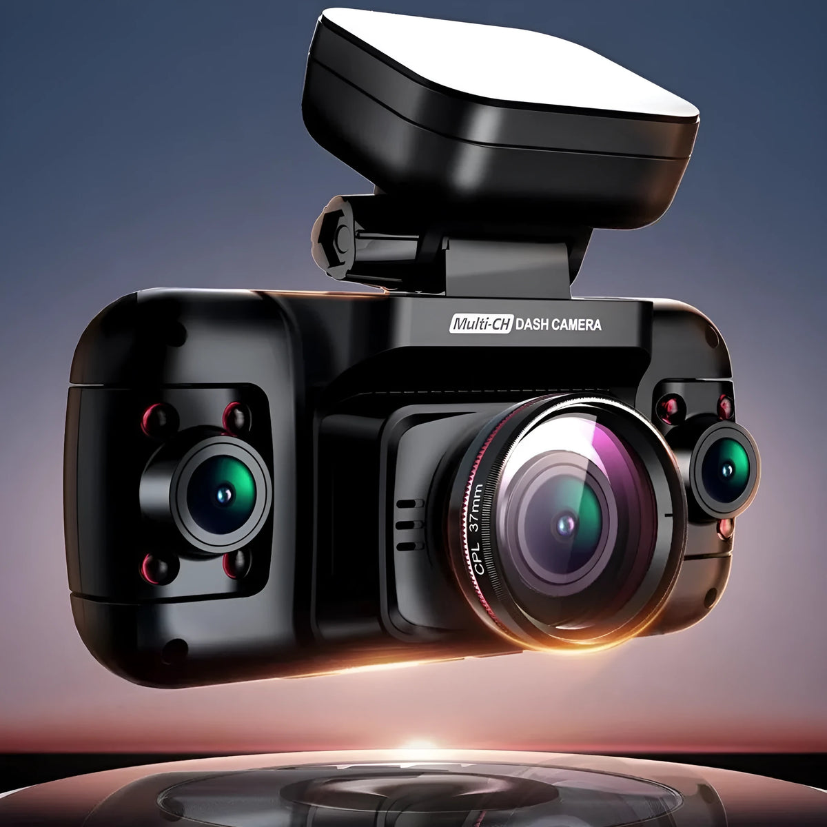 Panoramic four-lens car dash cam with a 2-inch screen on a plastic mount.