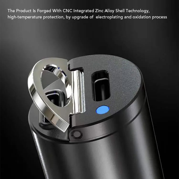 Black mini 30W car cigarette lighter charger body made of zinc alloy measuring 45x20.7mm