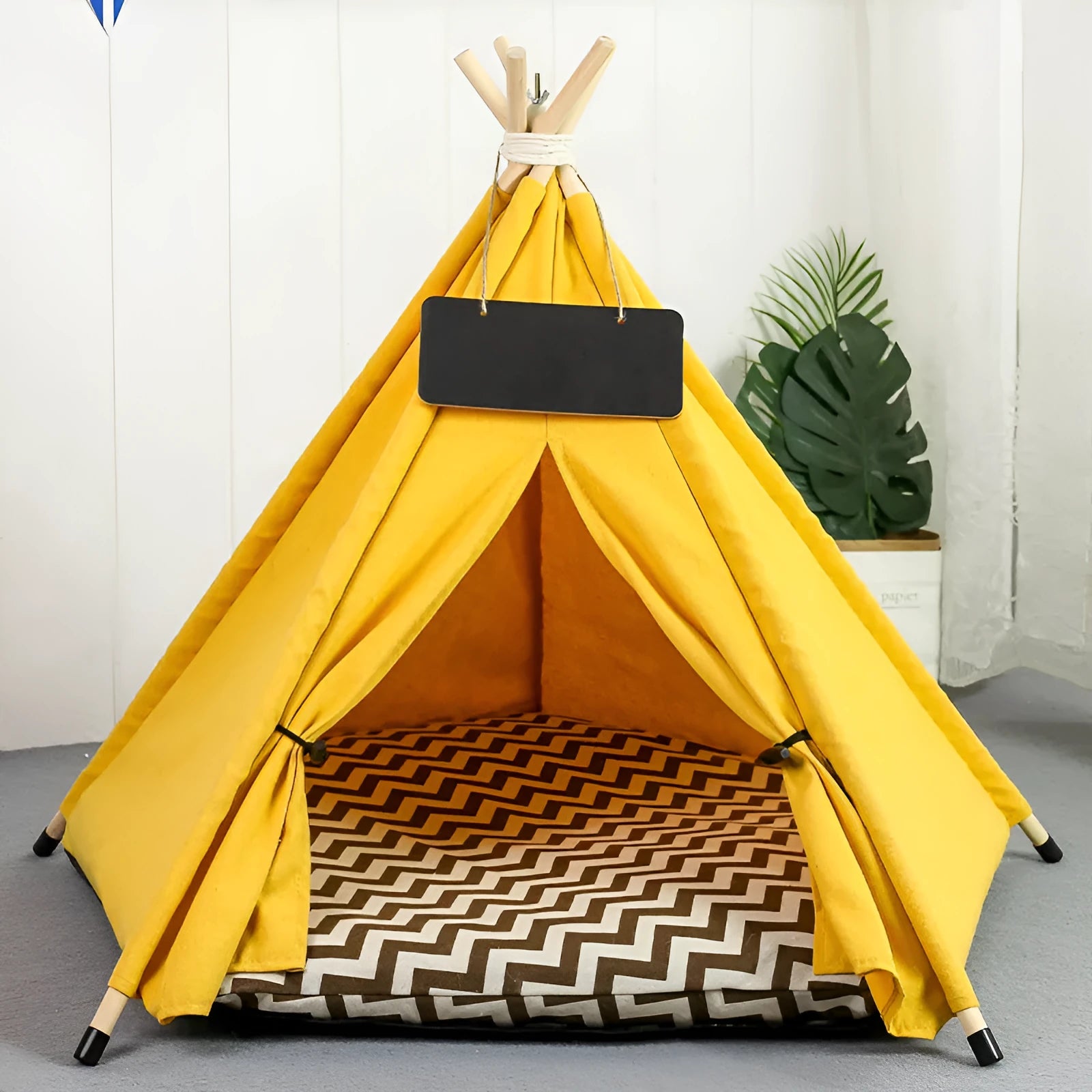 White and yellow striped pet teepee tent bed with cushion for small dogs or cats