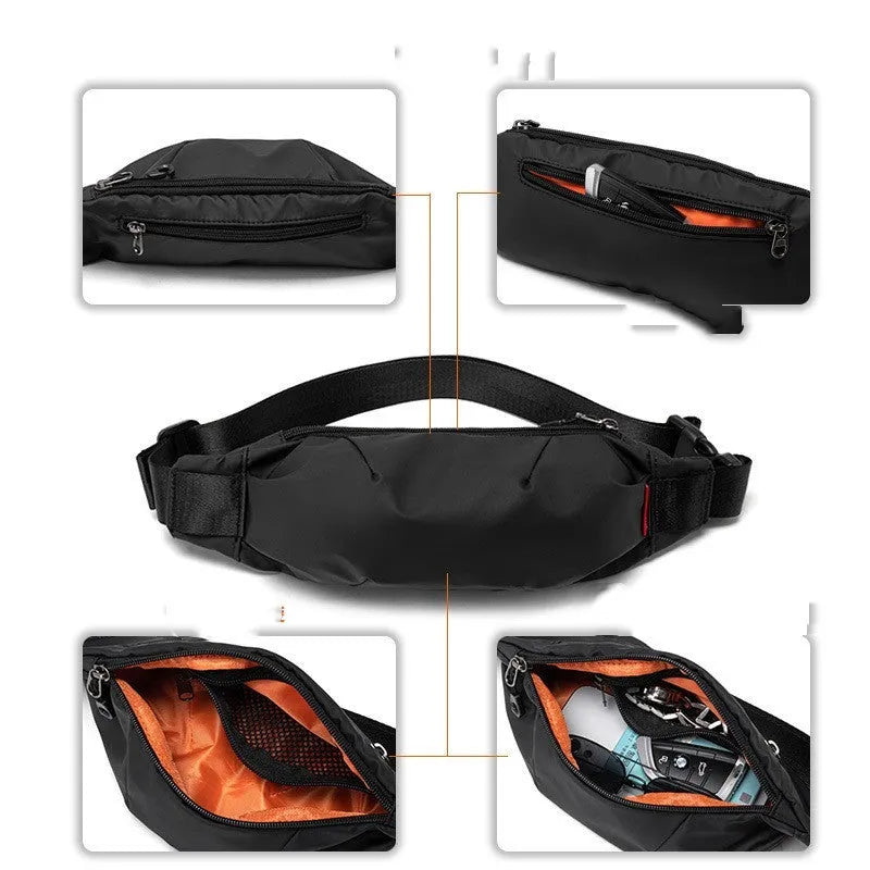 Black Oxford cloth waist pack with crossbody strap showing internal phone and ID card pockets