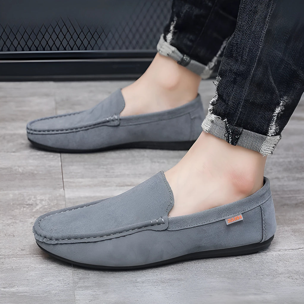 Doudou men's PU upper round toe flat heel casual shoes in black, spring footwear