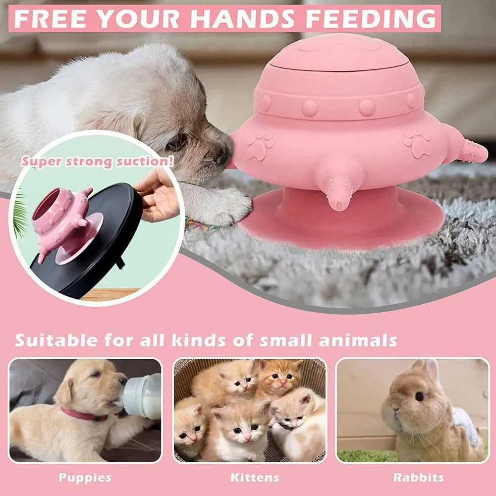 Pink silicone pet nursing bottle with breast-shaped milk bowl and four pacifiers for puppy and kitten feeding