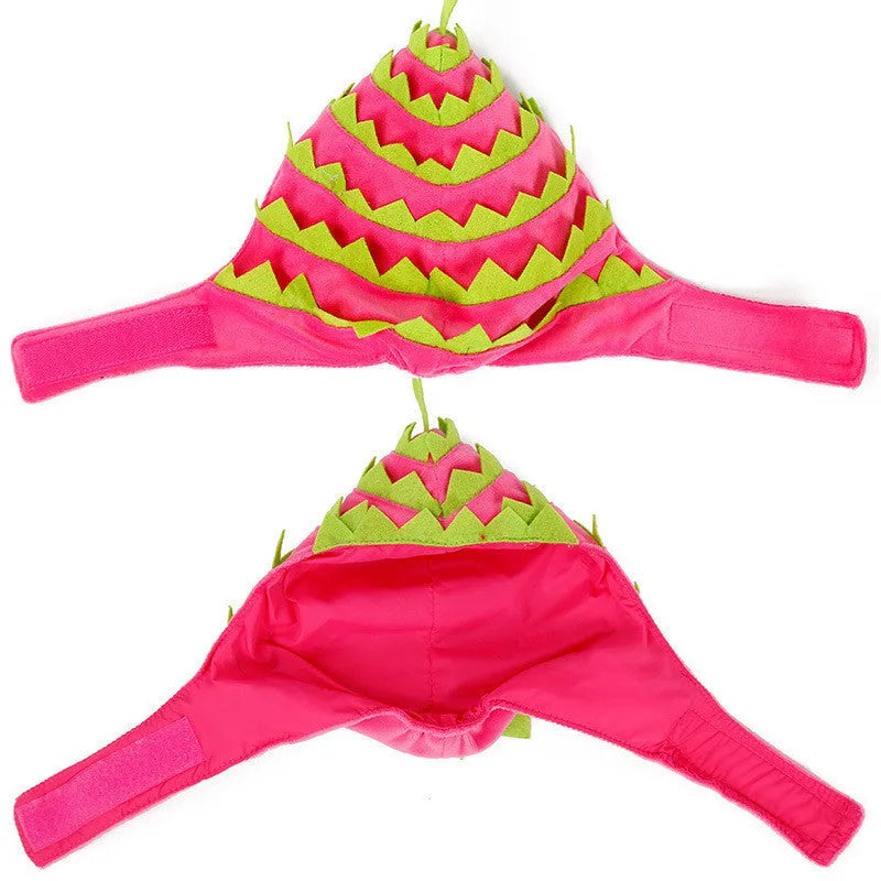 Pitaya fruit design pet hat in pink green for cats and dogs, size L, velvet felt and nylon, 28-42cm neck