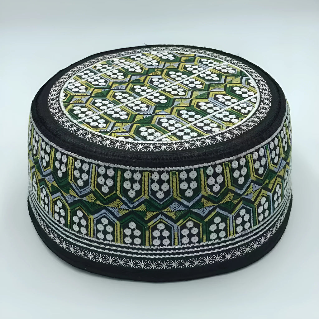 Flat top cotton Muslim hat for men in yellow green with embroidered detailing