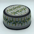 Flat top cotton Muslim hat for men in yellow green with embroidered detailing