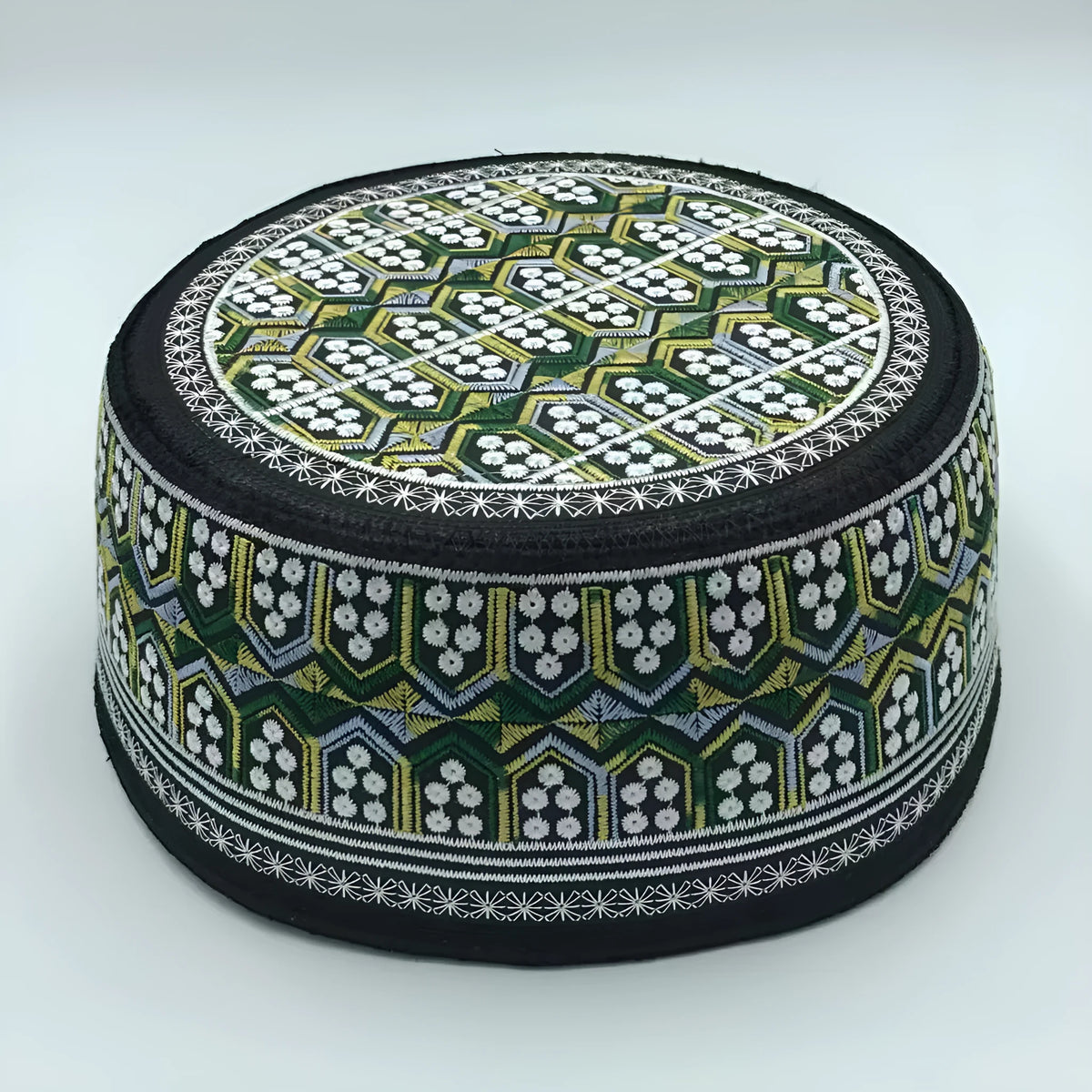 Flat top cotton Muslim hat for men in yellow green with embroidered detailing