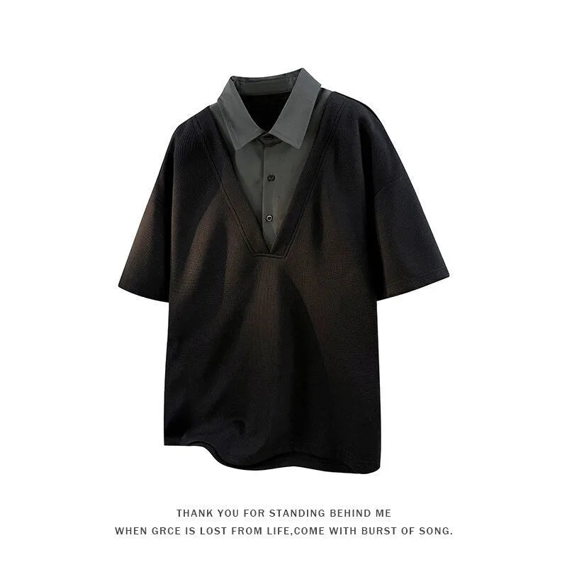 Men's black padded polo shirt sweater with a heavy Henry collar and short sleeves