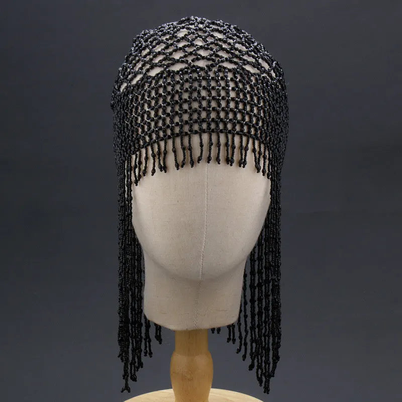 Belly dance hat with handmade beaded alloy construction and decorative tassels
