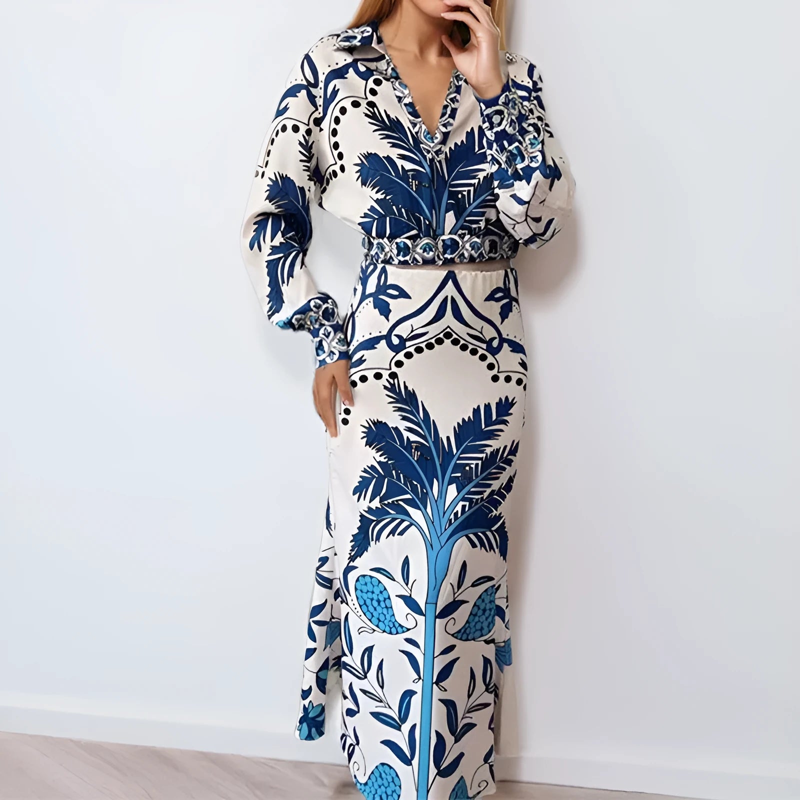 Women's casual two-piece co-ord set with long sleeves and long skirt for early spring wear