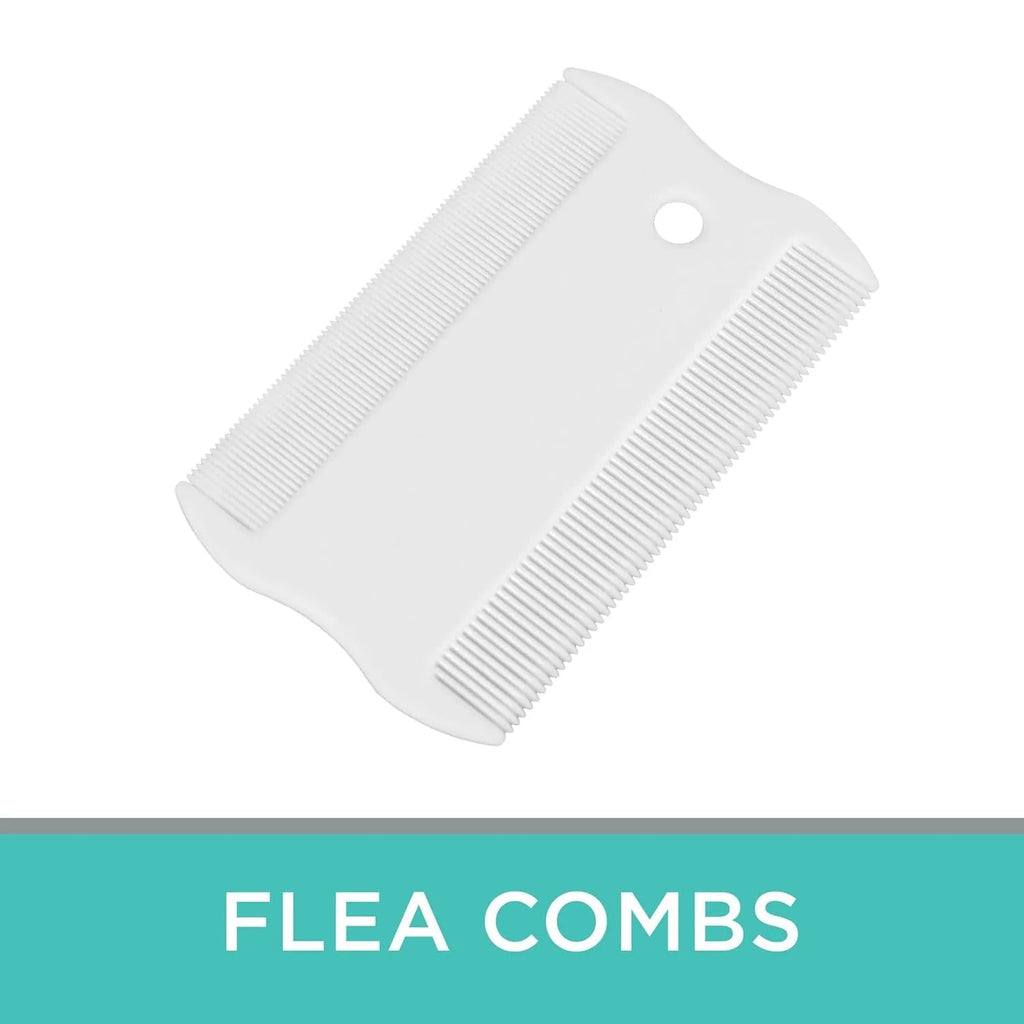Double-sided plastic flea comb for pets showing dense teeth and compact size