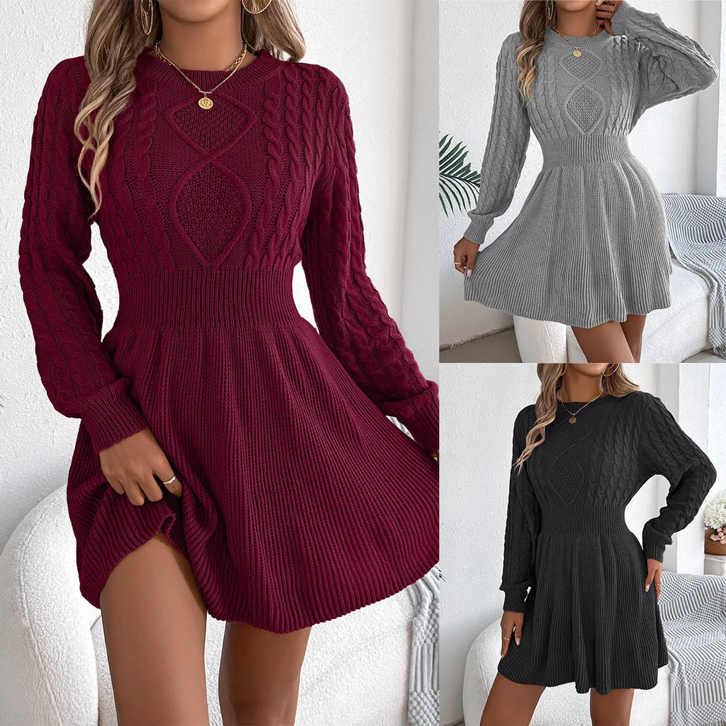 Solid colour acrylic sweater dress with long lantern sleeves and an elastic twist waist.